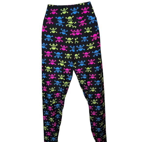 LuLaRoe TC Skull Print Leggings Black Neon Pink Blue Green Halloween - Picture 6 of 6